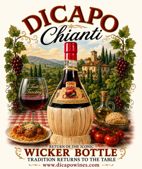 DiCapo Chianti wicker bottle label t shirt design